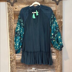 Free People Teal Boho Dress with Floral Sleeves